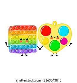 Card with funny cute happy pop it and simple dimple characters. Vector hand drawn doodle style cartoon character illustration icon design. Best friends card with cute pop it and simple dimple 