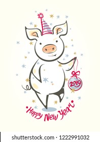 Card with funny dancing pig and Christmas ball. Happy New Year! Colorful vector illustration in sketch style. New 2019 Chinese year of the pig. Festive cartoon pig.
