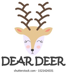 Card with a funny deer head with the word. Isolated scandinavian cartoon illustration for kids poster, clothes print.