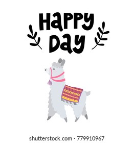 Card with funny lama and text Happy day.