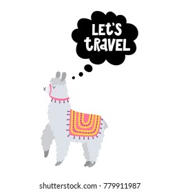 Card with funny lama and text Lets travel.