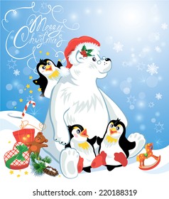 Card with funny penguins and polar bear with presents on blue snow background, cartoons for winter, Christmas or New Year design. Hand written text Merry Christmas.