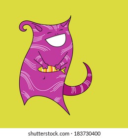 Card with funny purple smiling cat holding a fish on the green background. 