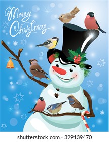 Card with funny snowman and birds on blue snow background, cartoons for winter, Christmas or New Year design. Hand written text Merry Christmas.