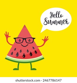 card with funny watermelon in glasses on yellow, holiday background with watermelon and inscription hello summer. Vector illustration in flat style