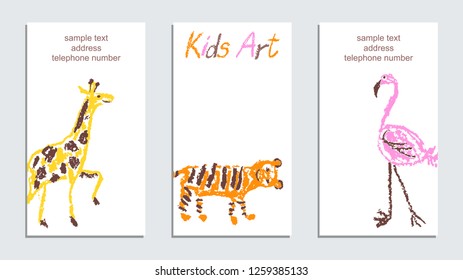 Card with funny wild animals giraffe, tiger, flamingo. Crayon like child`s hand drawing art colorful copy space on white. Artistic stroke pastel chalk or pencil vector art. Childlike style background