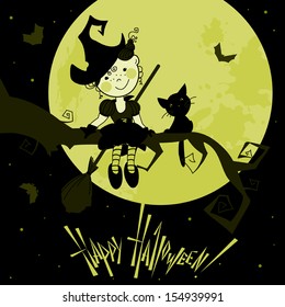 Card with the funny witch and a cat. A vector.