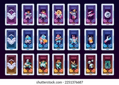 Personajes de juego de cartas. Cubierta de dibujos animados con animales guerreros de fantasía, marco decorativo de interfaz de usuario con máscaras graciosas para activos de juego de sprite RPG. Juego de vectores coloridos de guerrero de dibujos animados ui ilustración de tarjetas marco