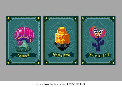 Card Game Collection. Fantasy Ui Kit With Magic Items. User Interface Design Elements With Decorative Frame. Cartoon Vector Illustration. Mushroom, Crystal And Plant.