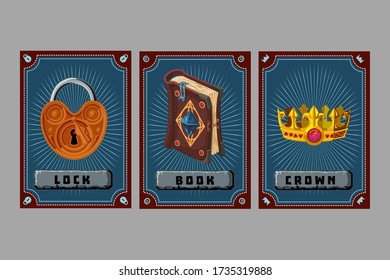 Card game collection. Fantasy ui kit with magic items. User interface design elements with decorative frame. Cartoon vector illustration. Lock, book and crown