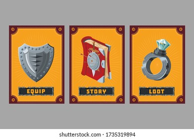 Card game collection. Fantasy ui kit with magic items. User interface design elements with decorative frame. Cartoon vector illustration. Shield, ring and book.