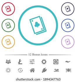 Card game flat color icons in circle shape outlines. 12 bonus icons included.