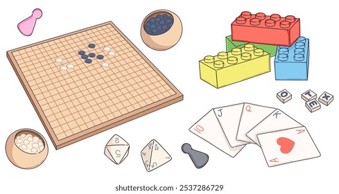 Card game flat illustration. Table toy to play mahjong or pawn on boardgame. Children party activity collection with checkerboard entertainment and building block graphic. Abstract different hobby.