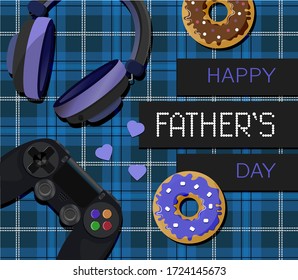 A card with a game joystick and headphones for father s day. Illustration with an English cage in blue tones on the background. Congratulations with hearts, a doughnut and items for the video game.  