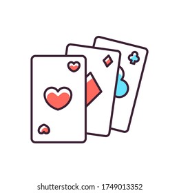 Card game RGB color icon. Traditional casino pastime, poker. Competitive gambling activity, risky table game. Cards of different suits isolated vector illustration