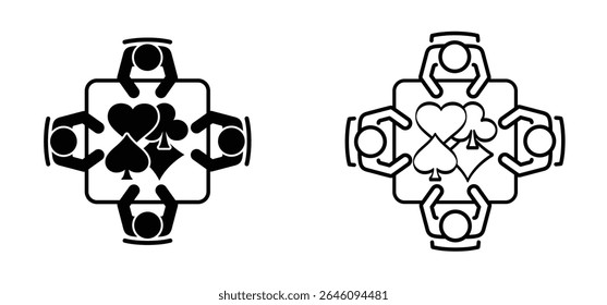 mesa redonda de jogo de cartas. Ás de desenhos animados, rei, rainha, coração, valete. Cartas jogo espadas.  Cartão de jogador de pôquer. Padrão do macaco de pá. Ícone de ponte vetorial. Jogo de azar terno blackjack preto. Jogos de clube de casino. 