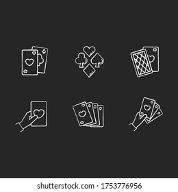 Card games chalk white icons set on black background. Traditional competitive game, gambling. Cards of different suits, diamonds, clubs, hearts and spades. Isolated vector chalkboard illustrations