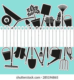 Card with garden tool. Ideal template for booklet, card, flyer, posters, advertisements, ads, labels, banners, calendar works. Vector illustration