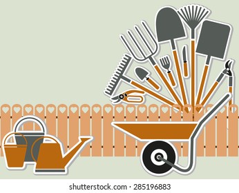 Card with garden tool. Ideal template for booklet, card, flyer, posters, advertisements, ads, labels, banners, calendar works. Vector illustration