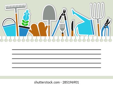 Card with garden tool. Ideal template for booklet, card, flyer, posters, advertisements, ads, labels, banners, calendar works. Vector illustration