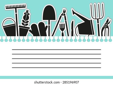 Card with garden tool. Ideal template for booklet, card, flyer, posters, advertisements, ads, labels, banners, calendar works. Vector illustration