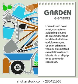 Card with garden tool. Ideal template for booklet, card, flyer, posters, advertisements, ads, labels, banners, calendar works. Vector illustration