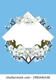 Card with geometric background and cherry flowers on blue background