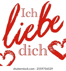 Card in German “ I love you” with hand draw hart and hand written: liebe “love”. Vector isolated with texture. 