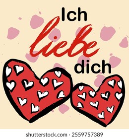 A Card with German quote “ I love you” with hand draw hart and hand written: liebe “love”. Vector isolated with texture. Doodle style, ink.