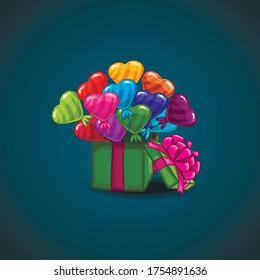 Card with gift box and flying heart balloons. Holiday illustration