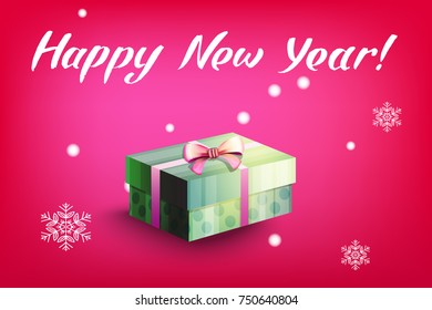 Card with gift box and letting Happy New Year. Bright red background and snowflakes. Vector illustration.