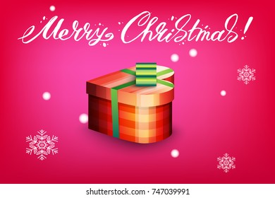 Card with gift box and letting Merry Christmas. Bright red background and snowflakes. Vector illustration