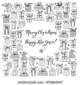 Card with gift boxes. Hand-drawn doodle sketch illustration 