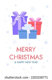 Tarjeta con cajas de regalo y con letras Feliz Navidad. Ilustración del vector