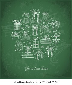 Card with gift boxes on blackboard. Vector illustration. 