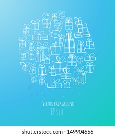 Card with gift boxes on blue background. Vector illustration. 