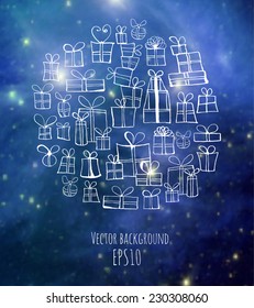 Card with gift boxes on blurred glowing background. Vector sketch illustration.  Elements of this image furnished by NASA. 