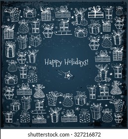 Card with gift boxes on dark blue night background. Hand-drawn doodle sketch illustration with place for your text. 