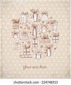 Card with gift boxes on vintage dotted background. Vector illustration. 