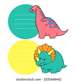 Card for the gift circle and amusing dinosaurs Triceratops and diplodocus pink, blue, turquoise and yellow flowers. Vector hand drawn