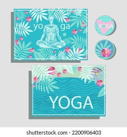 card gift coupon for yoga club with health body and tropic flowers