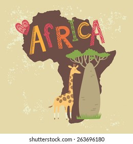 Card with a giraffe and Baobab on a map of Africa. Vector illustration.