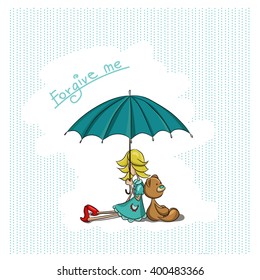 Card with a girl and bear, sitting under an umbrella. Colorful cartoon style. Separate layer with the words and rain.