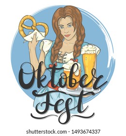 Card with girl, beer and pretzel for Oktoberfest