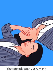 card. a girl and a guy lie on the floor in suits. woman closes his eyes. vector illustration. white background.