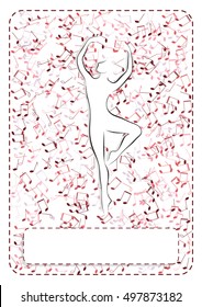 Card with girl silhouette, red notes background and place for text. Vector illustration.