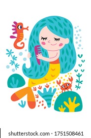 Card for girl. Vector isolated illustration with beautiful mermaid on a
white background.
