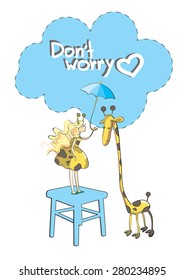 Card with the girl who covers from a giraffe rain.