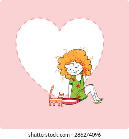 Card with the girl who feeds the kitten with milk. The best friends. Love to animals.