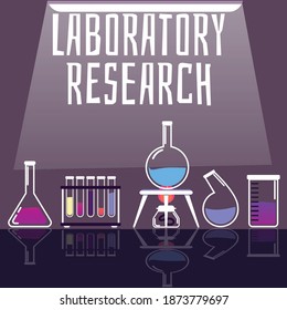 Card with glass test tubes, flasks and beakers various shapes and sizes. Science equipment in medical or chemistry laboratory for experiment or research. Vector flat illustration